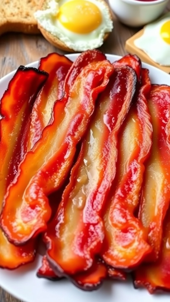 Crispy Air Fryer Bacon Recipe Crispy air fryer bacon strips on a plate, with eggs and toast in the background.